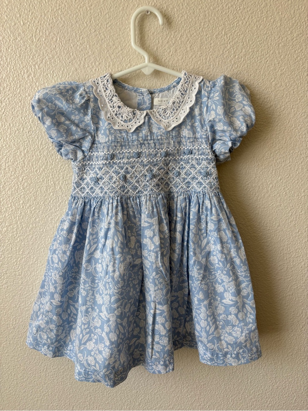 next Light Blue Floral Smocked Dress with White Lace Collar 2-3 yrs